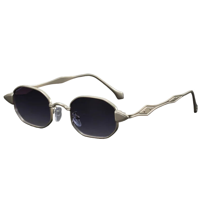 Sunglasses with thin metal frame and dark lenses on a white background