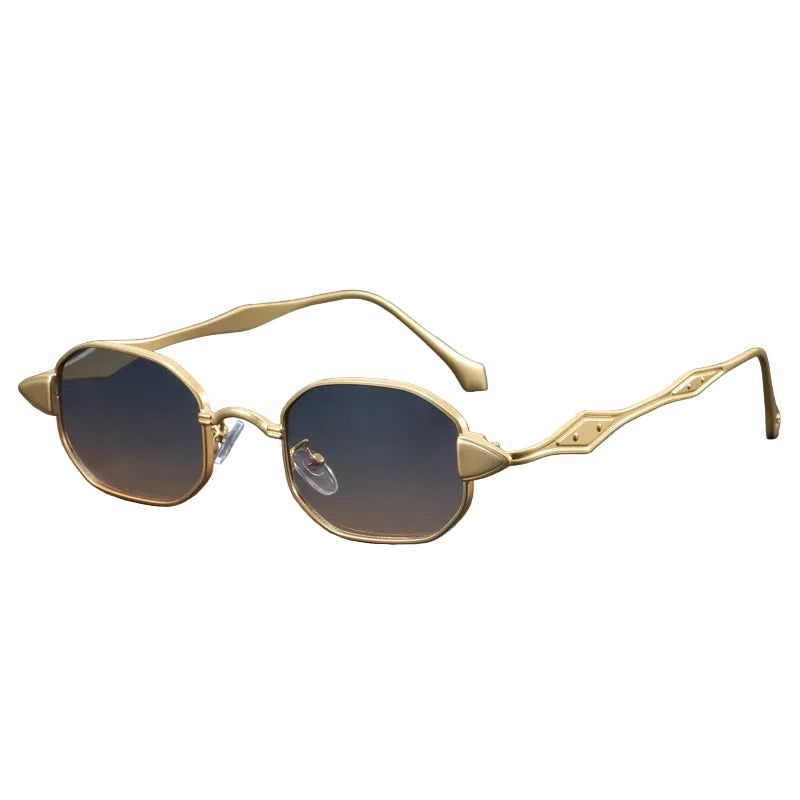 Gold-framed sunglasses with gradient lenses on a gray background