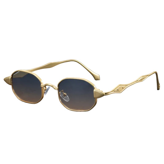 Gold-framed sunglasses with gradient lenses on a gray background