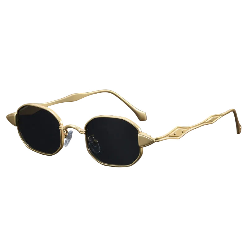 Gold-framed sunglasses with black lenses on a white background