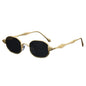 Gold-framed sunglasses with black lenses on a white background